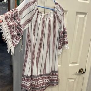 Anthropologie White and Burgundy Patterned Dress